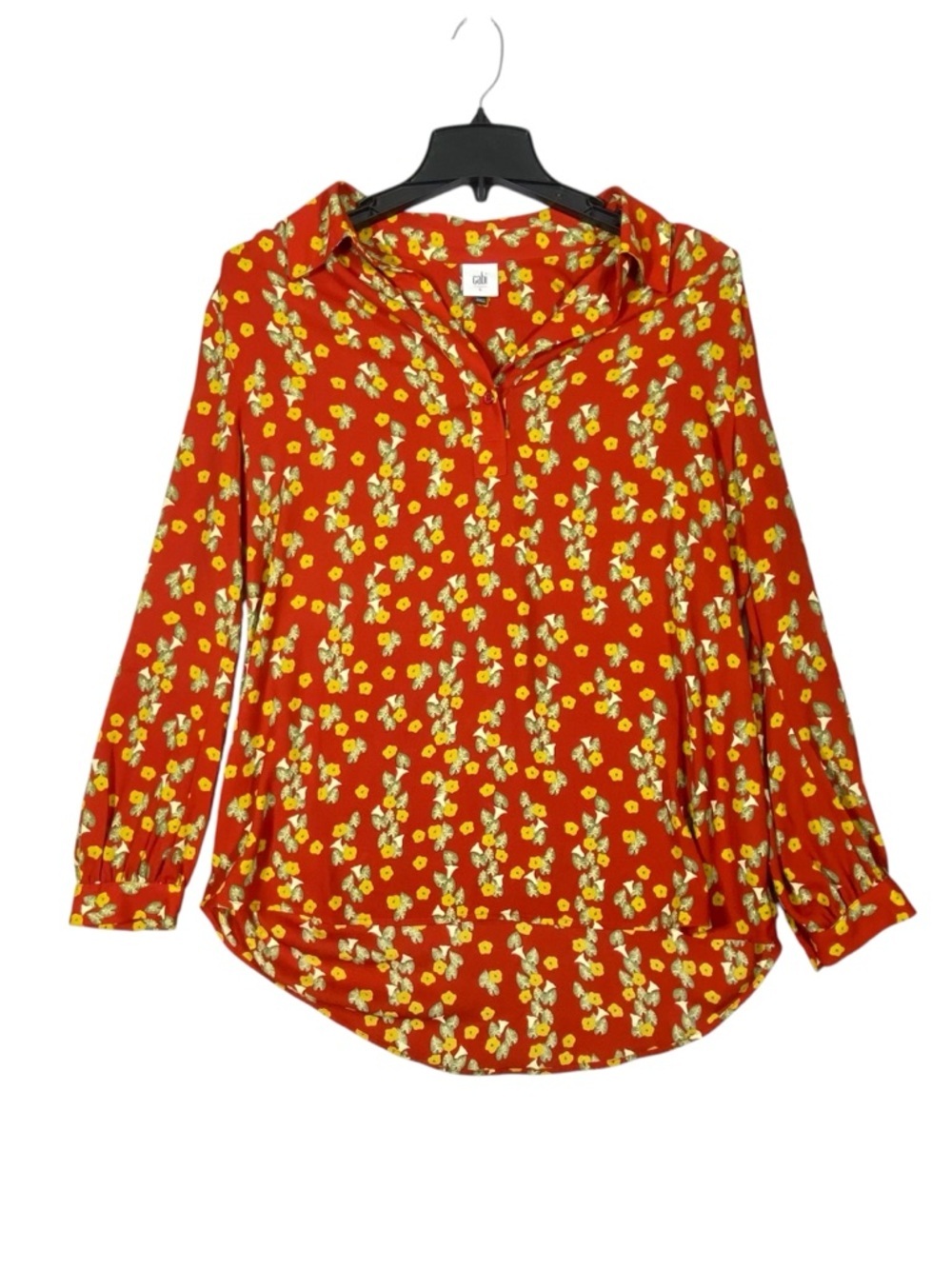 CAbi Belfry Floral Popover Blouse Women's L Red Yellow Long Sleeve Collar 70's